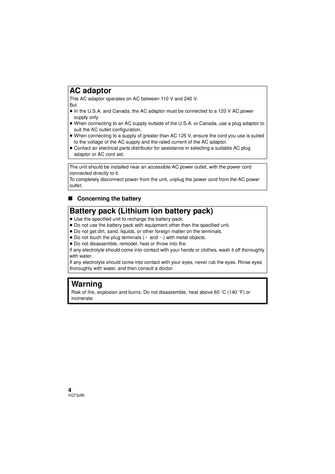 Panasonic HDC-TM41P/PC, HDC-SD40P/PC owner manual AC adaptor, Battery pack Lithium ion battery pack, Concerning the battery 