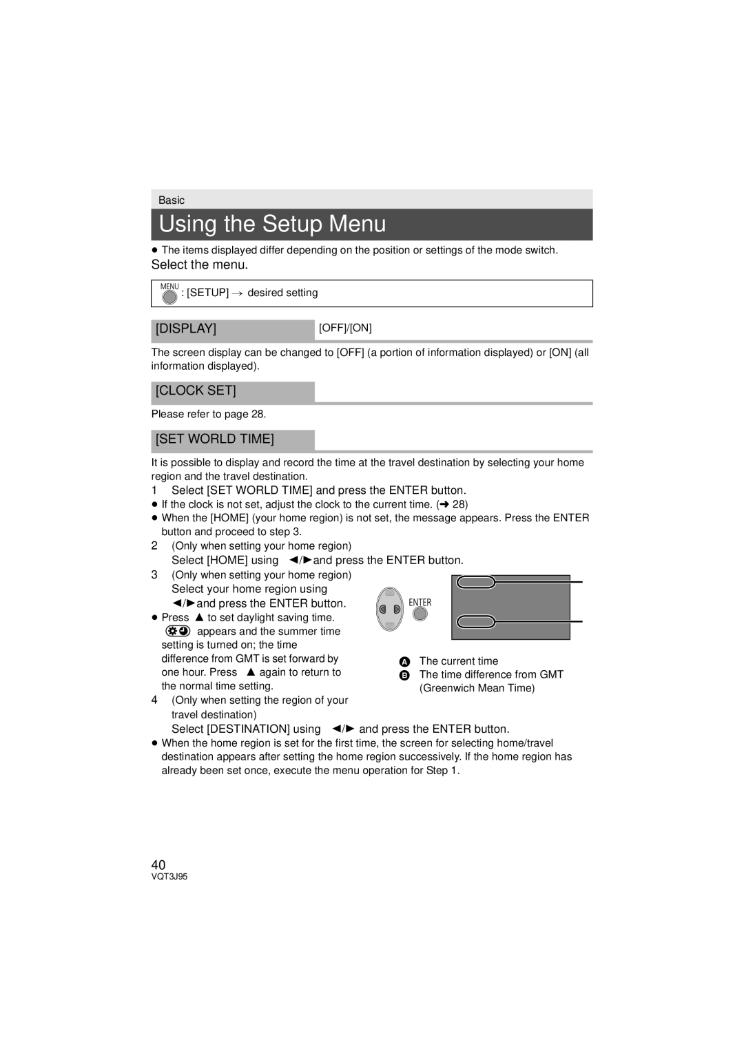 Panasonic HDC-TM41P/PC, HDC-SD40P/PC Using the Setup Menu, Select the menu, Displayoff/On, Clock SET, SET World Time 