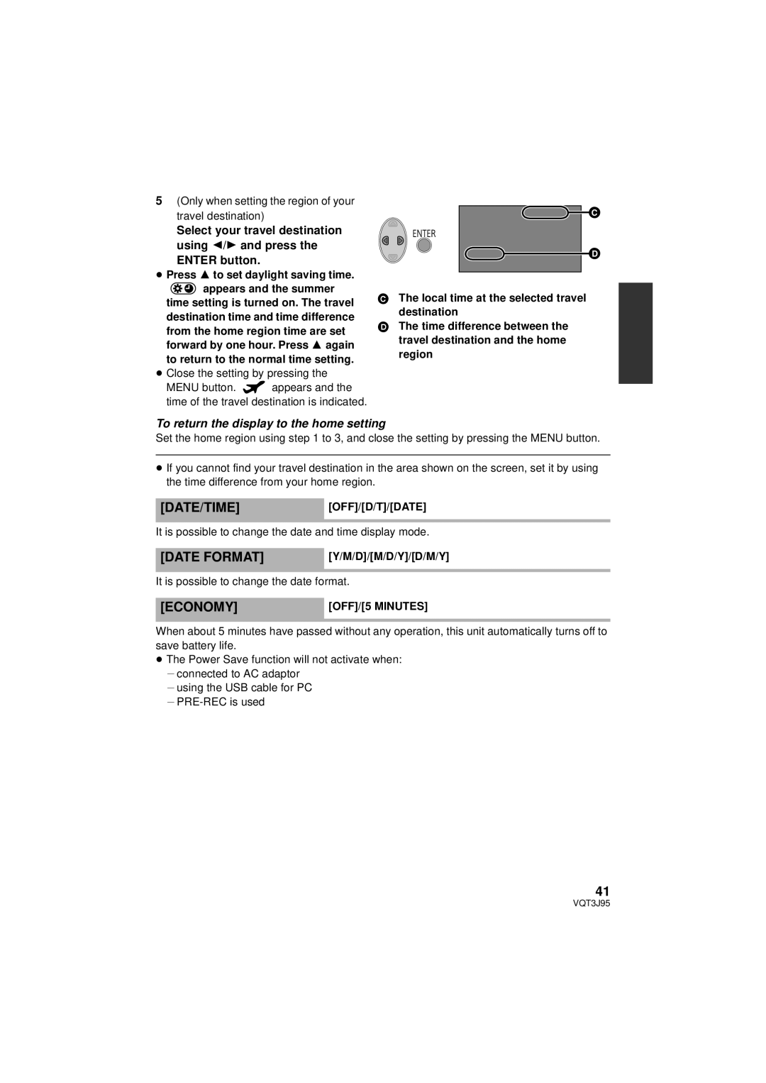 Panasonic HDC-TM40P/PC, HDC-SD40P/PC, HDC-TM41P/PC owner manual Date Format, Economy, Date/Timeoff/D/T/Date, OFF/5 Minutes 