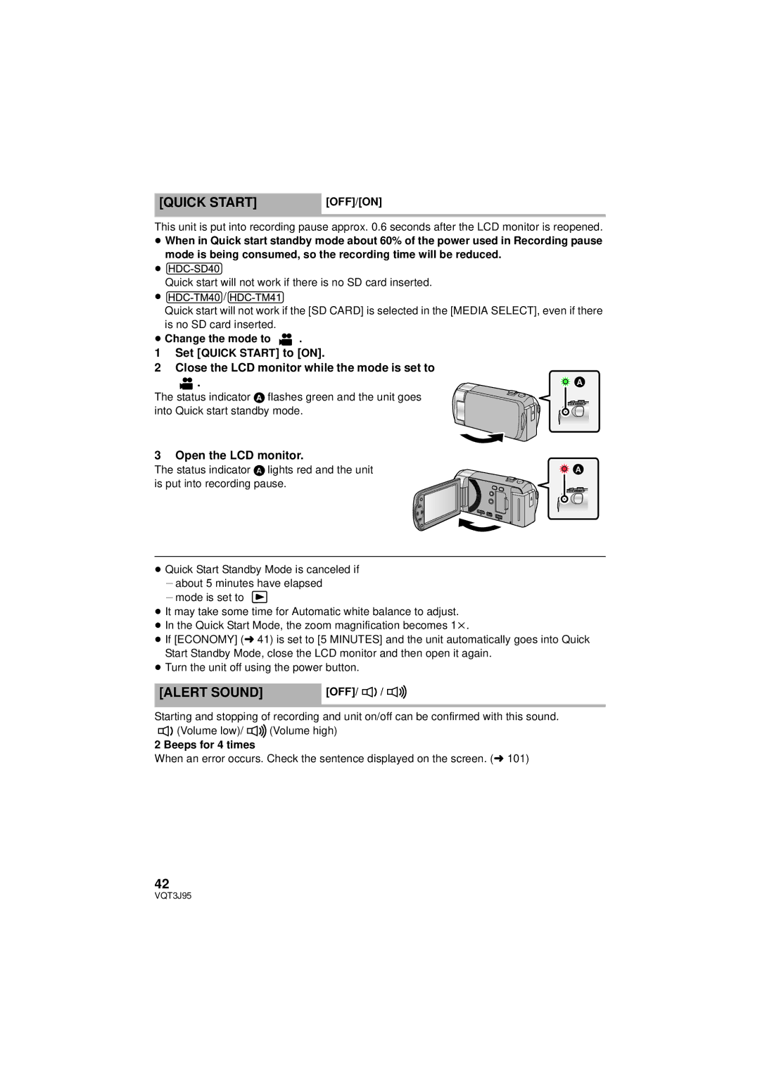 Panasonic HDC-SD40P/PC, HDC-TM41P/PC, HDC-TM40P/PC owner manual Quick Start, Alert Sound 