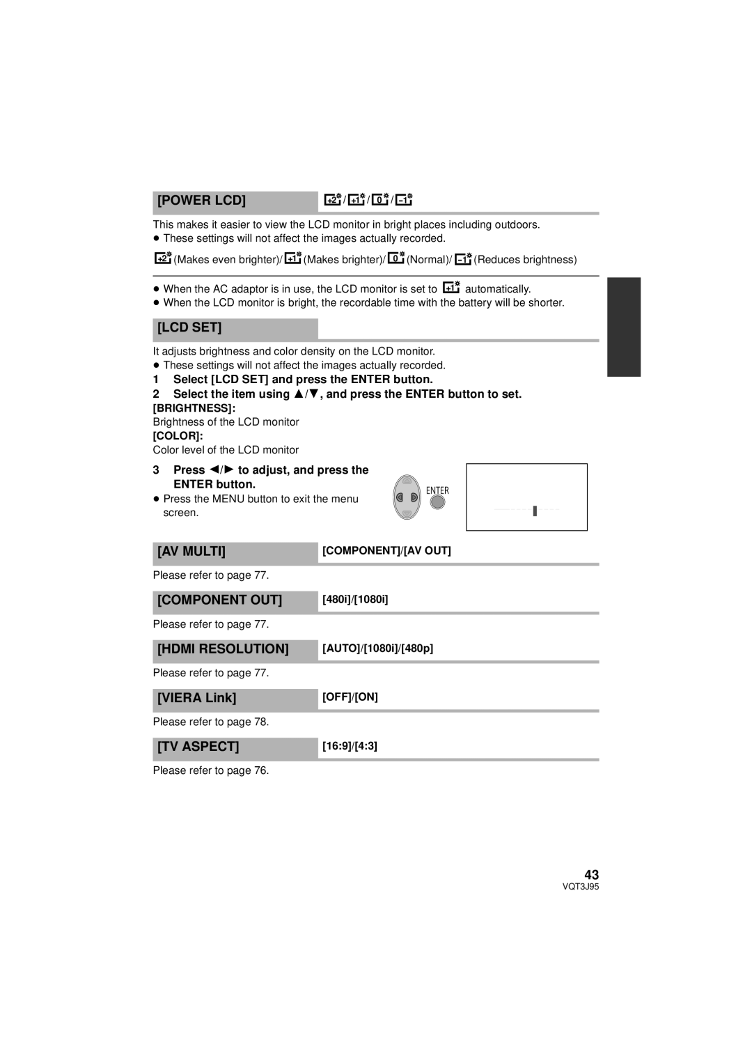 Panasonic HDC-TM41P/PC, HDC-SD40P/PC, HDC-TM40P/PC Power LCD, Lcd Set, AV Multi, Component OUT, Hdmi Resolution, TV Aspect 