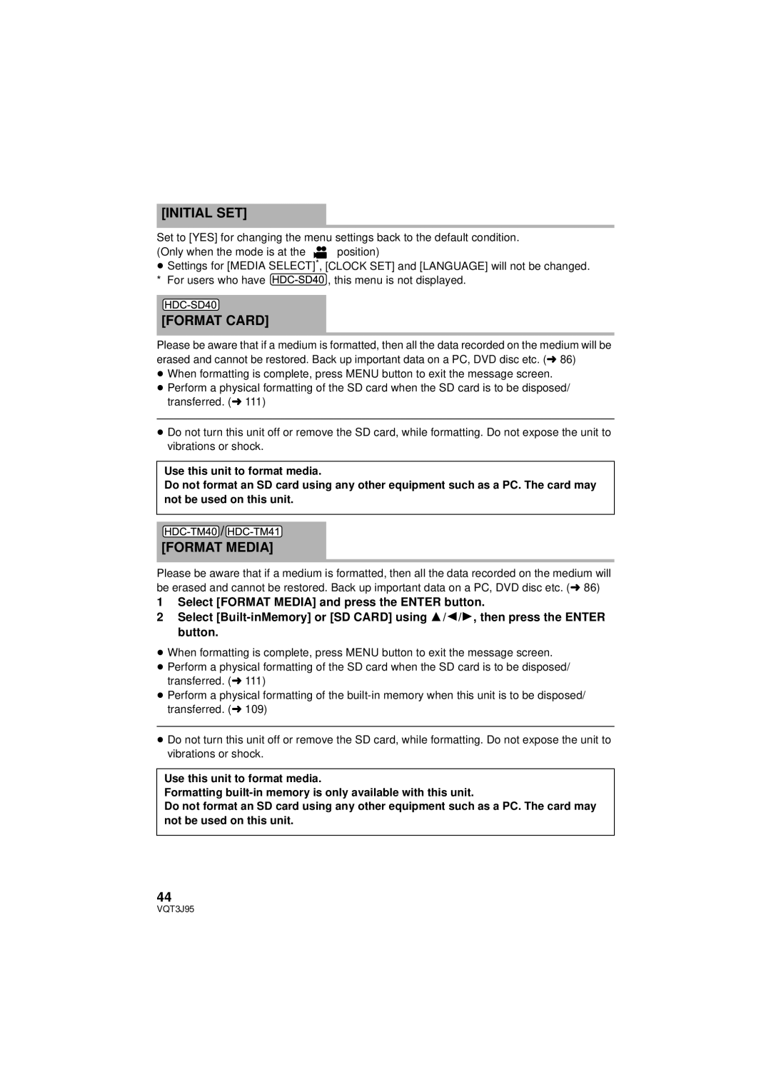 Panasonic HDC-TM40P/PC, HDC-SD40P/PC, HDC-TM41P/PC owner manual Initial SET, Format Card, Format Media 