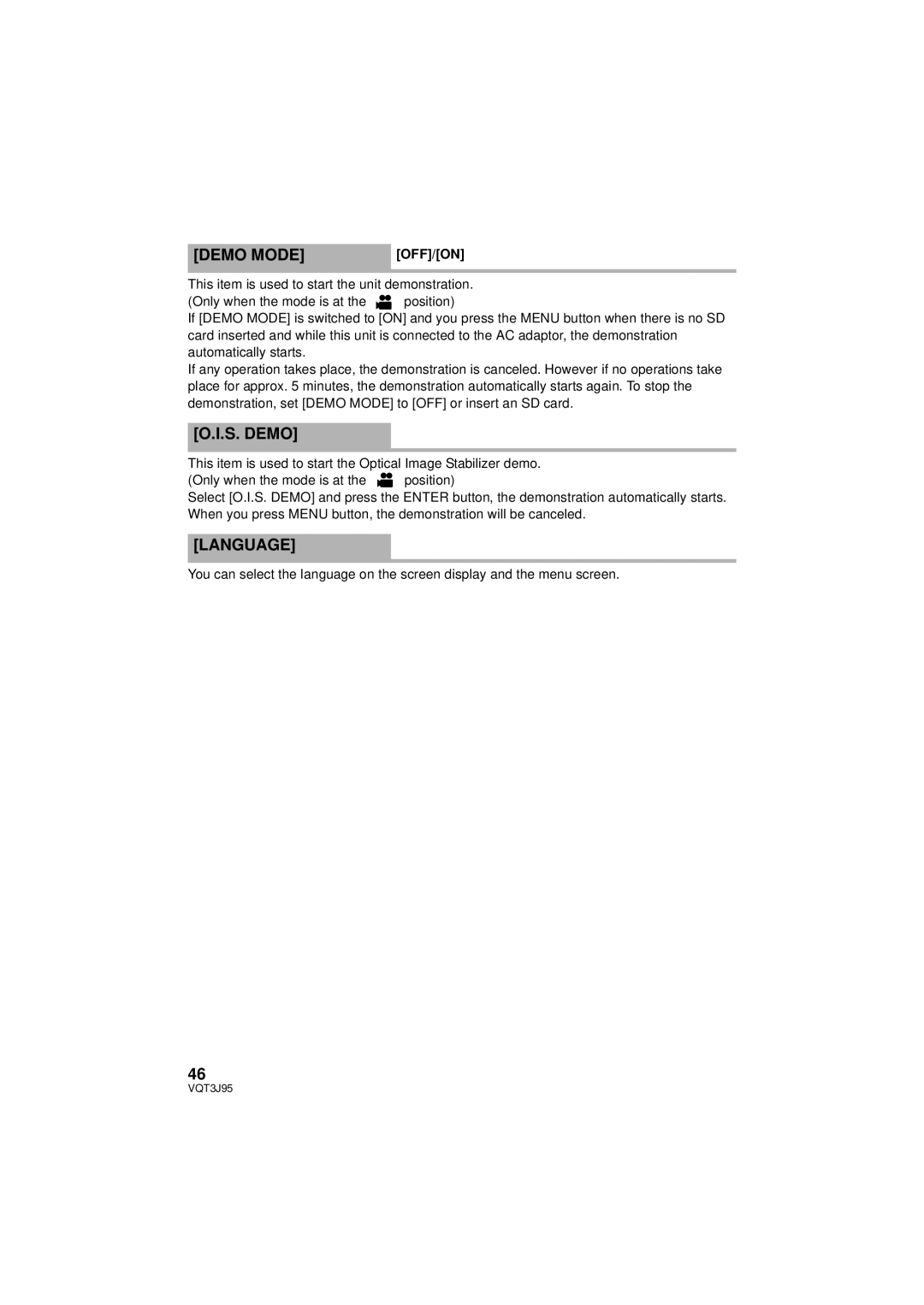 Panasonic HDC-TM41P/PC, HDC-SD40P/PC, HDC-TM40P/PC owner manual Demo MODEOFF/ON, S. Demo, Language 