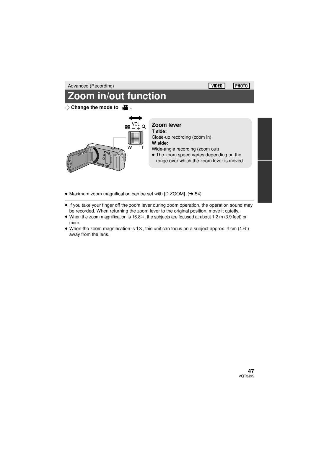 Panasonic HDC-TM40P/PC, HDC-SD40P/PC, HDC-TM41P/PC owner manual Zoom in/out function, Zoom lever, Side 