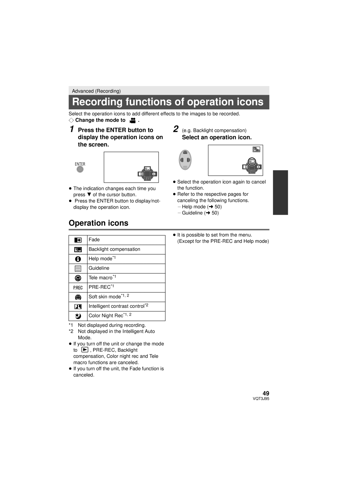 Panasonic HDC-TM41P/PC, HDC-SD40P/PC Recording functions of operation icons, Operation icons, Select an operation icon 