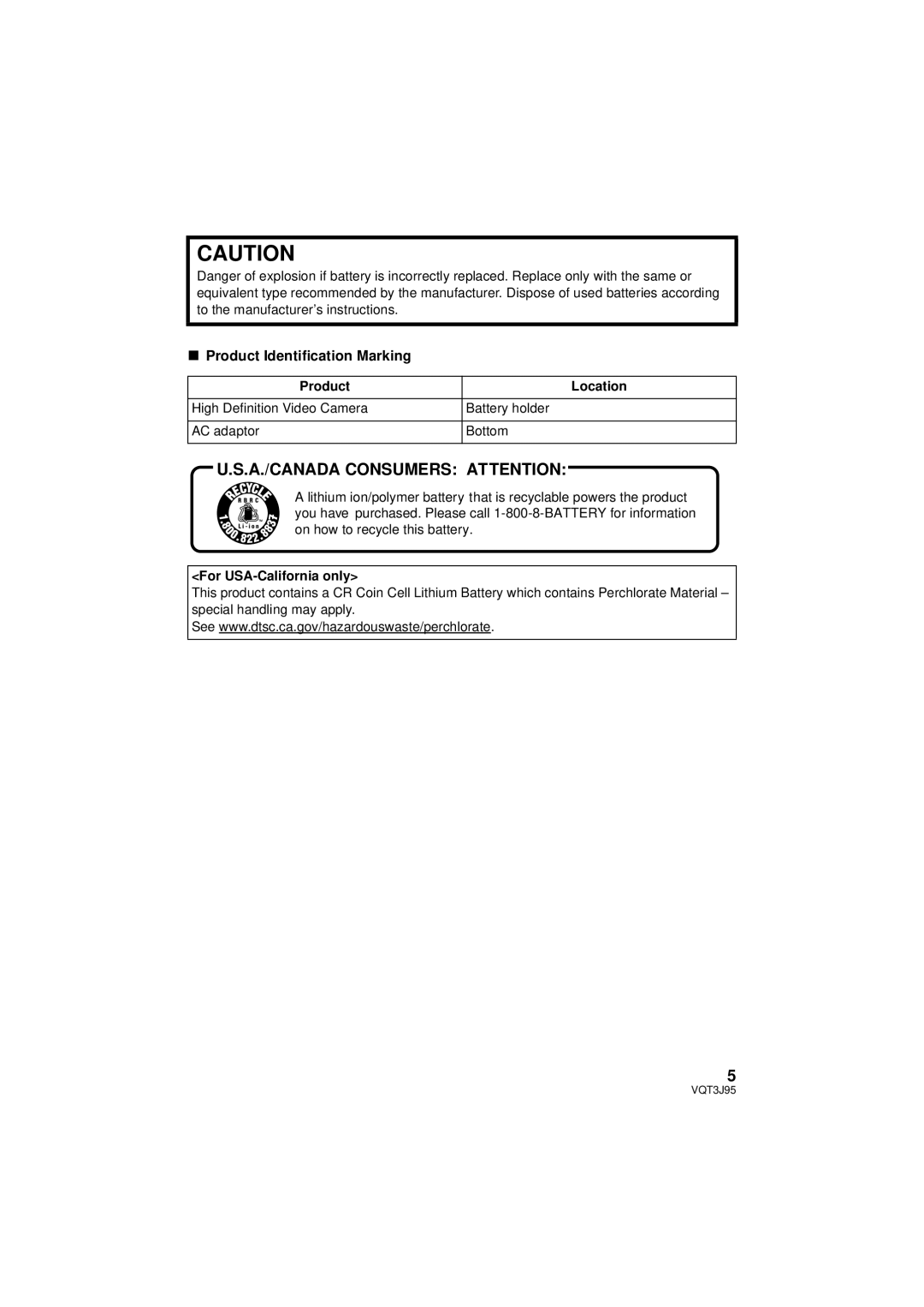 Panasonic HDC-TM40P/PC, HDC-SD40P/PC, HDC-TM41P/PC A./CANADA Consumers Attention, Product Location, For USA-California only 