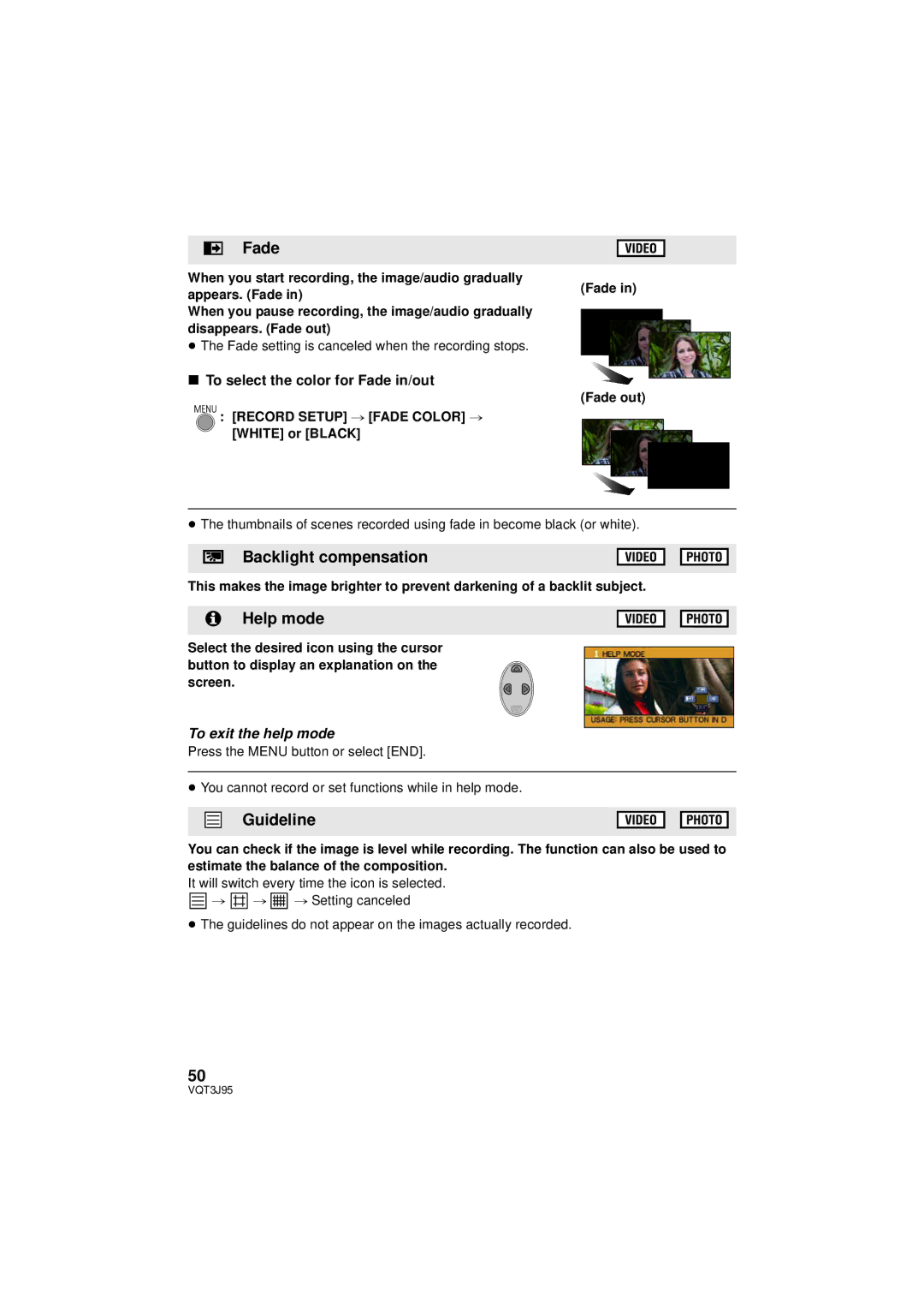 Panasonic HDC-TM40P/PC, HDC-SD40P/PC Backlight compensation, Help mode, Guideline, Record Setup # Fade Color # 