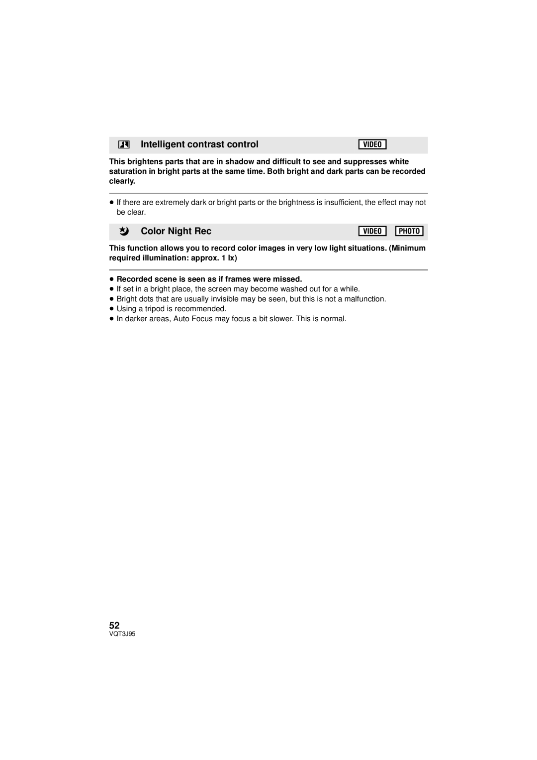 Panasonic HDC-TM41P/PC, HDC-SD40P/PC, HDC-TM40P/PC owner manual Intelligent contrast control, Color Night Rec 