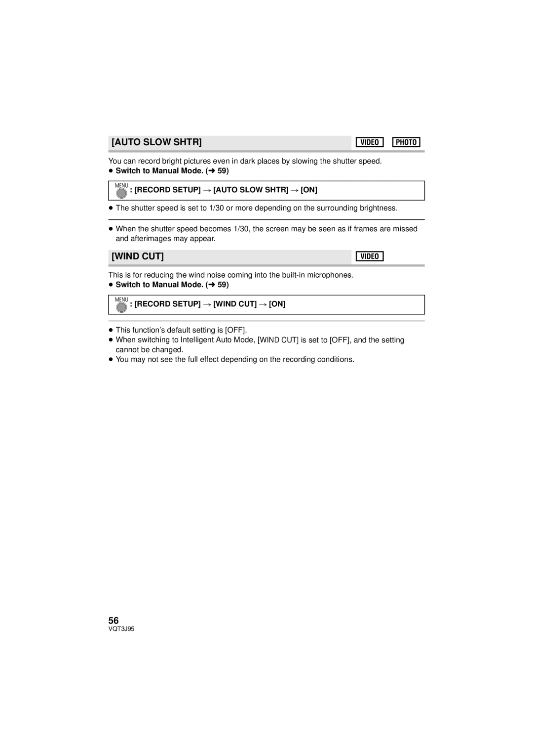 Panasonic HDC-TM40P/PC, HDC-SD40P/PC Wind CUT, ≥ Switch to Manual Mode. l, Record Setup # Auto Slow Shtr # on 