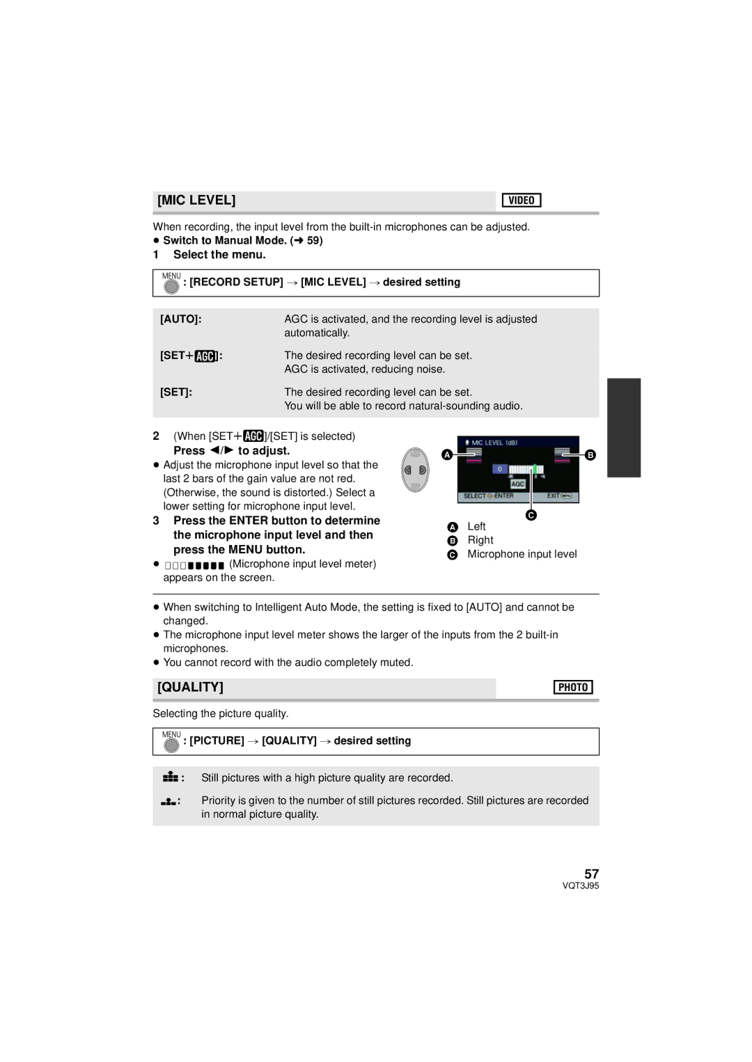 Panasonic HDC-SD40P/PC, HDC-TM41P/PC, HDC-TM40P/PC owner manual MIC Level, Quality, Auto 