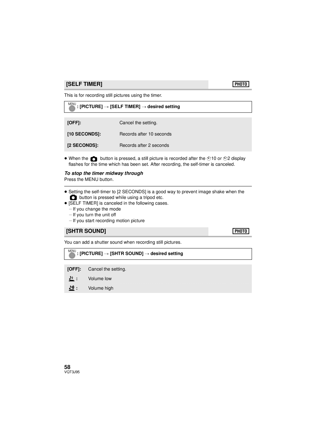 Panasonic HDC-TM41P/PC, HDC-SD40P/PC, HDC-TM40P/PC Self Timer, Seconds, Picture # Shtr Sound # desired setting 