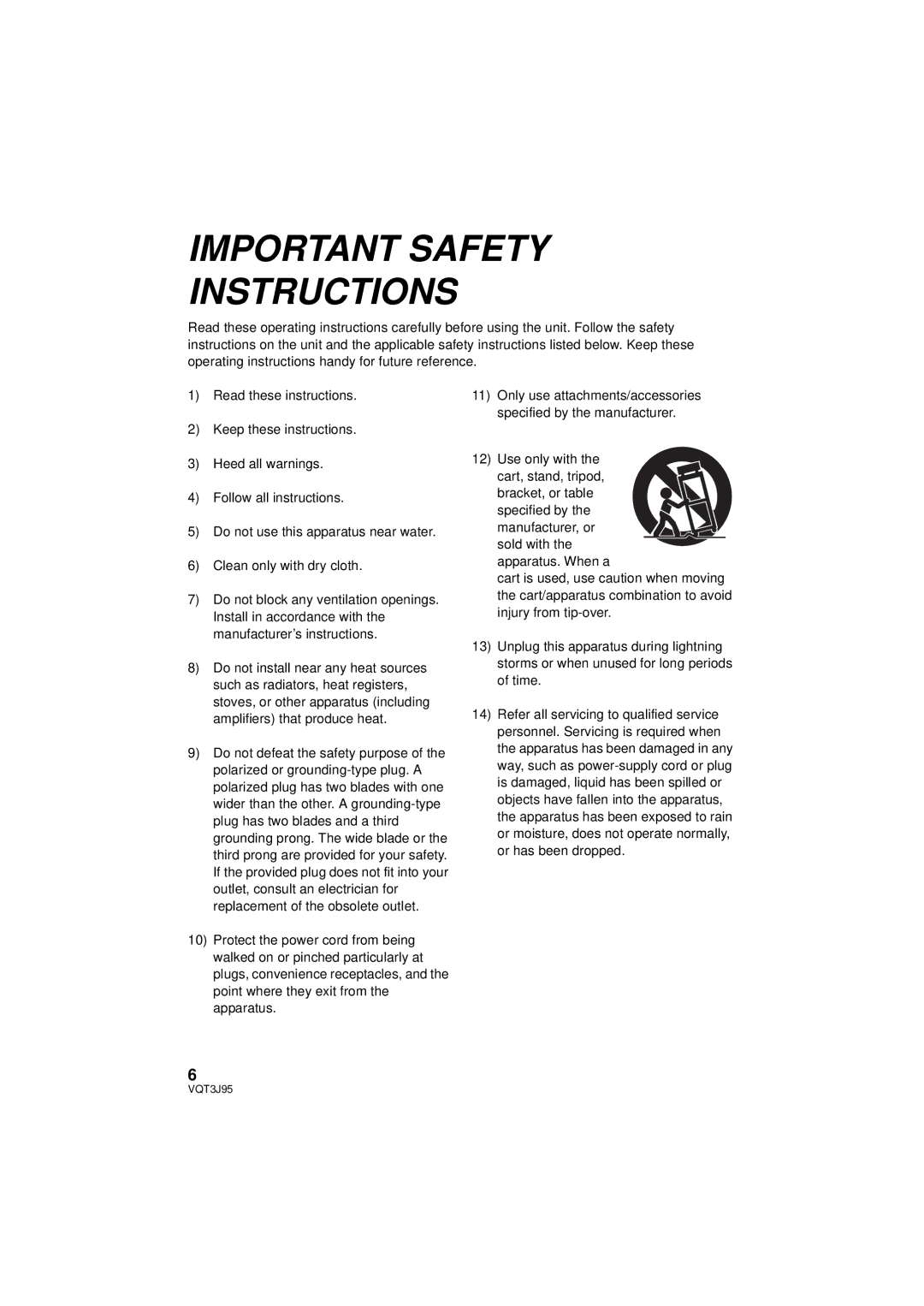 Panasonic HDC-SD40P/PC, HDC-TM41P/PC, HDC-TM40P/PC owner manual Important Safety Instructions 