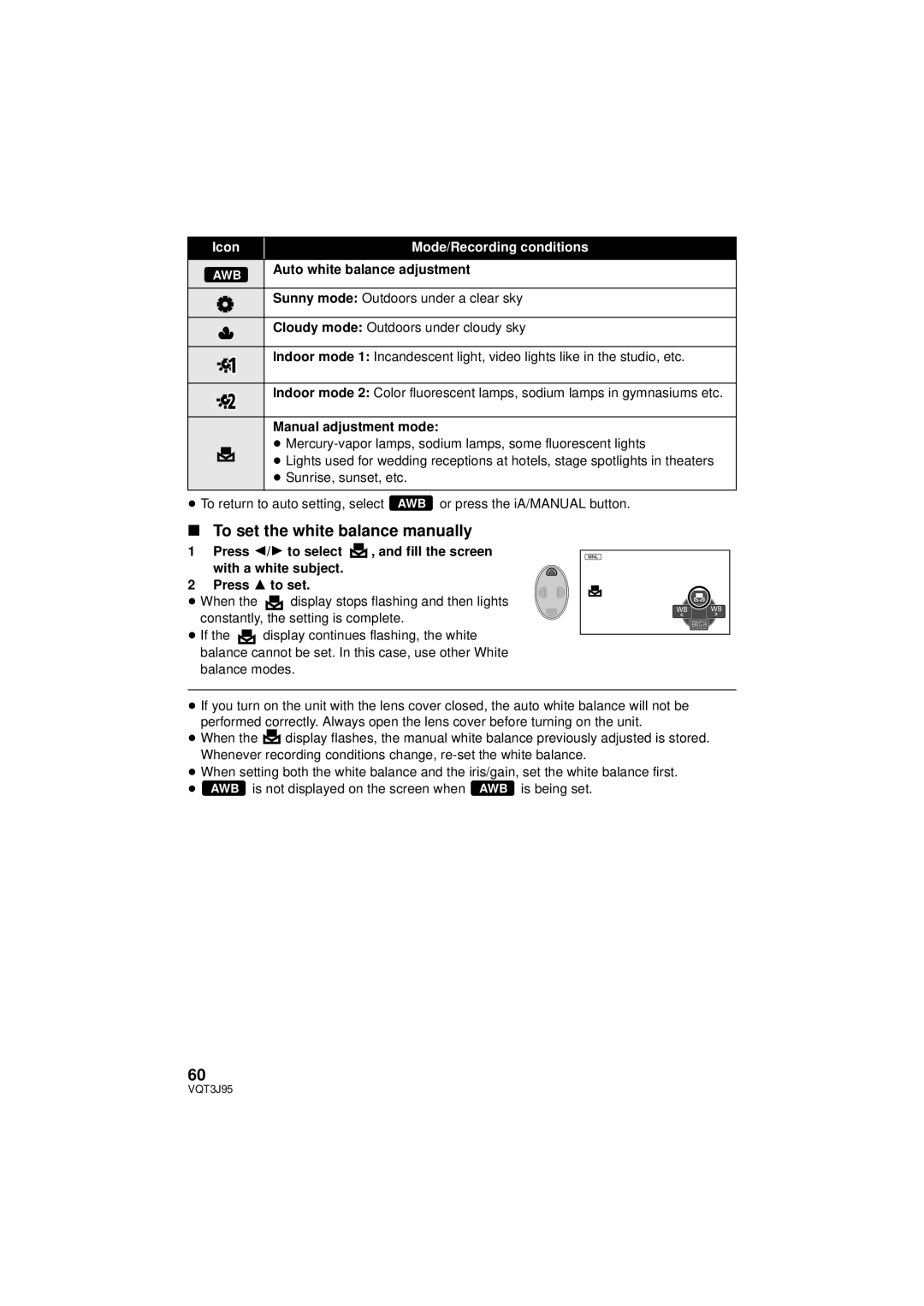 Panasonic HDC-SD40P/PC, HDC-TM41P/PC, HDC-TM40P/PC owner manual To set the white balance manually, Manual adjustment mode 