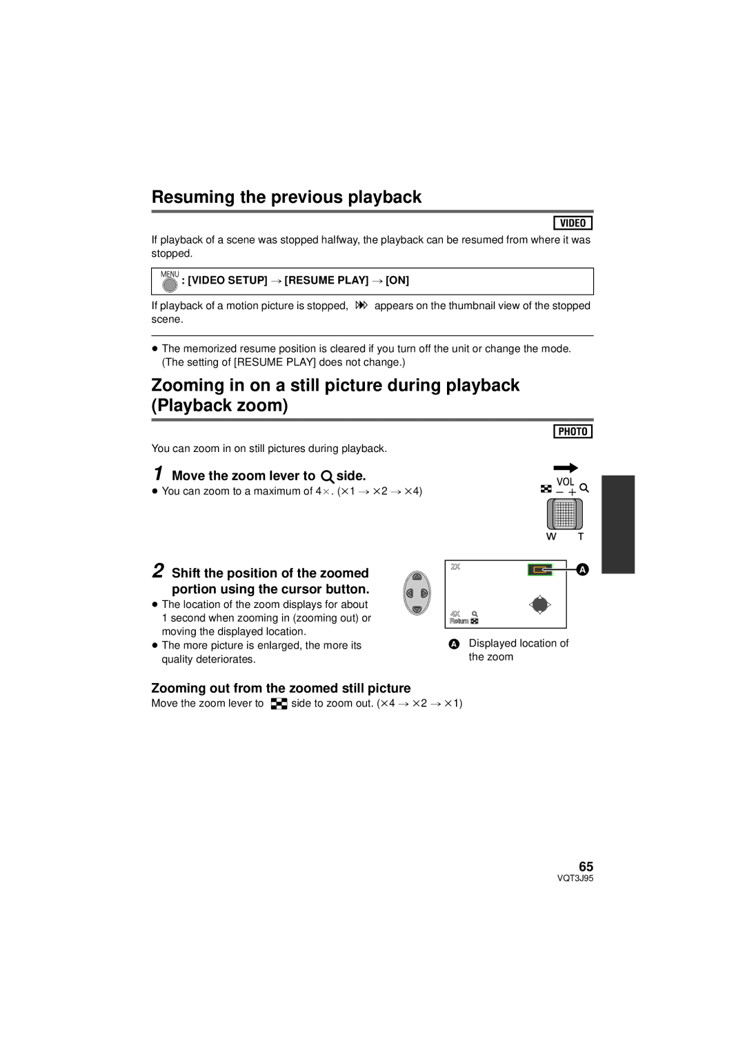 Panasonic HDC-TM40P/PC Resuming the previous playback, Zooming in on a still picture during playback Playback zoom 