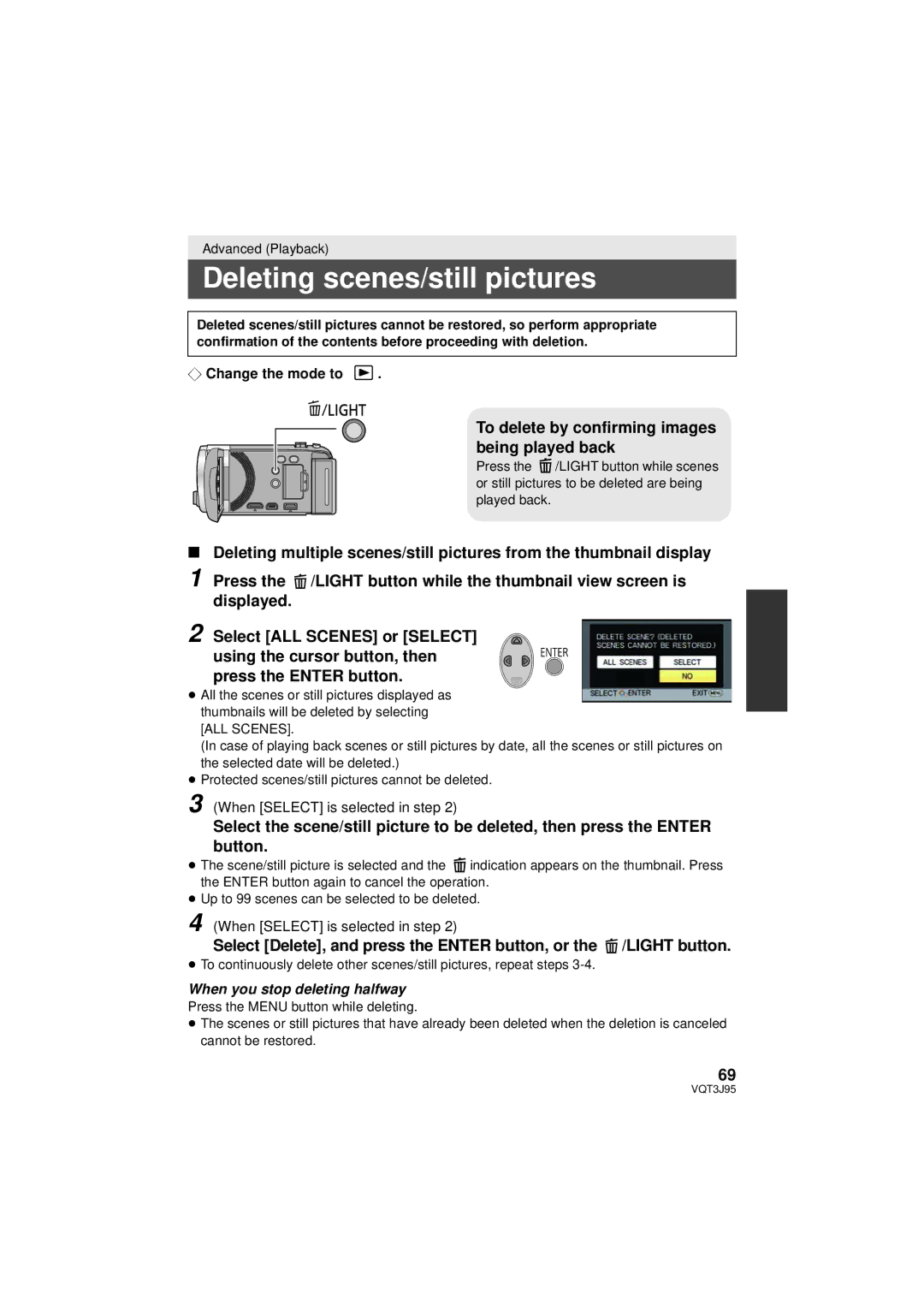 Panasonic HDC-SD40P/PC, HDC-TM41P/PC Deleting scenes/still pictures, To delete by confirming images being played back 