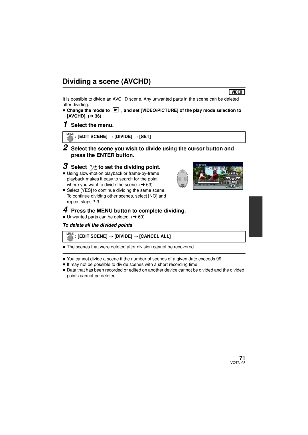 Panasonic HDC-TM40P/PC Dividing a scene Avchd, Press the Menu button to complete dividing, Edit Scene # Divide # SET 