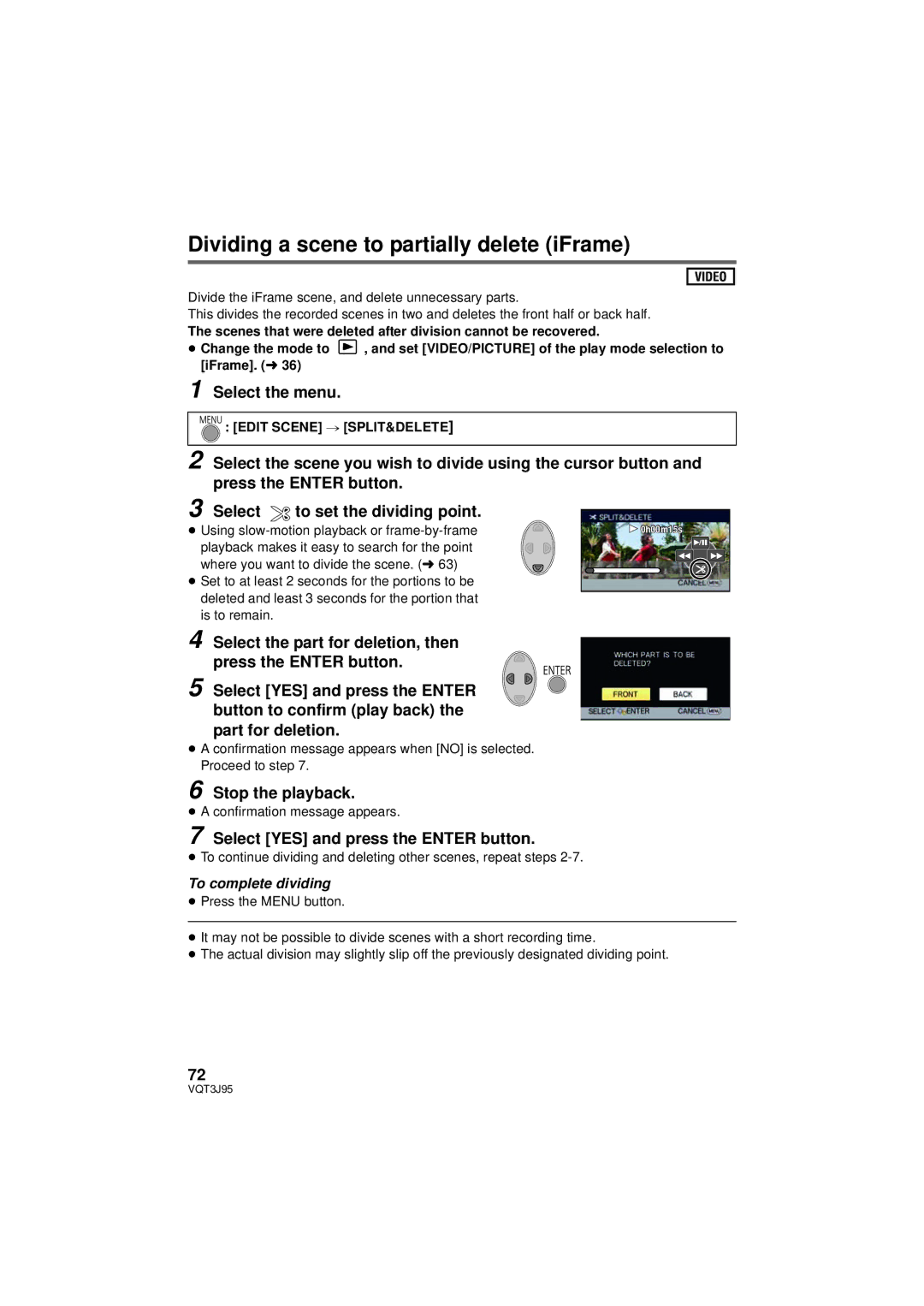 Panasonic HDC-SD40P/PC Dividing a scene to partially delete iFrame, Stop the playback, Edit Scene # SPLIT&DELETE 