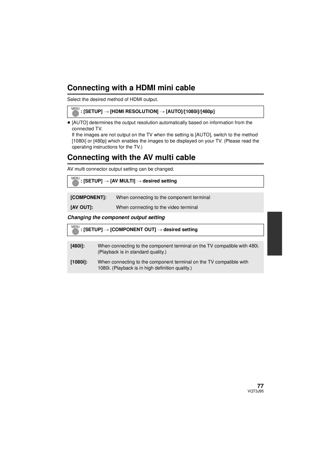 Panasonic HDC-TM40P/PC, HDC-SD40P/PC, HDC-TM41P/PC Connecting with a Hdmi mini cable, Connecting with the AV multi cable 