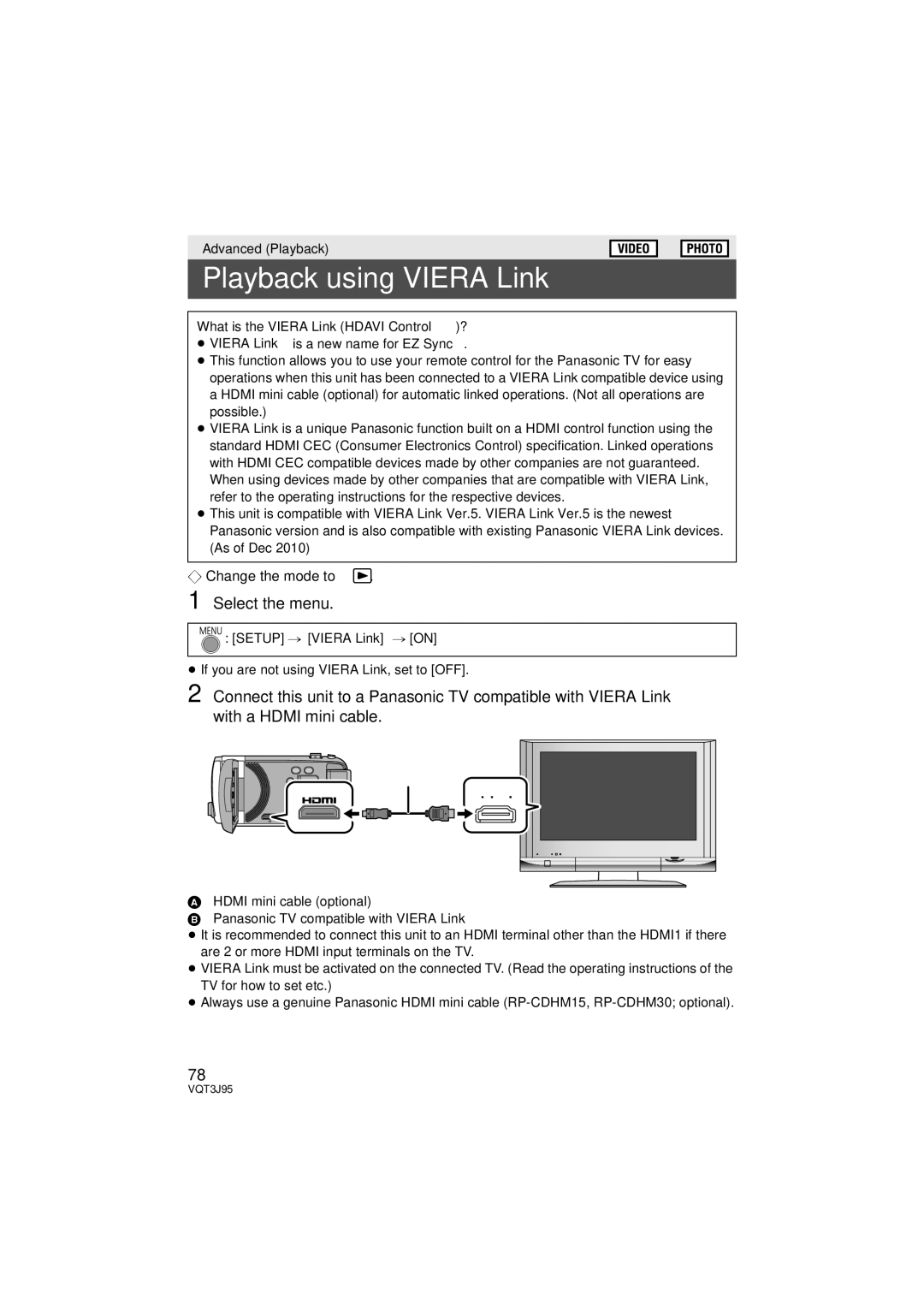 Panasonic HDC-SD40P/PC Playback using Viera Link, What is the Viera Link Hdavi Control?, Setup # Viera Link # on 