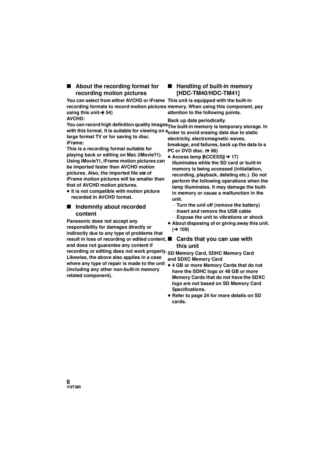 Panasonic HDC-TM40P/PC About the recording format for recording motion pictures, Indemnity about recorded Content, Avchd 