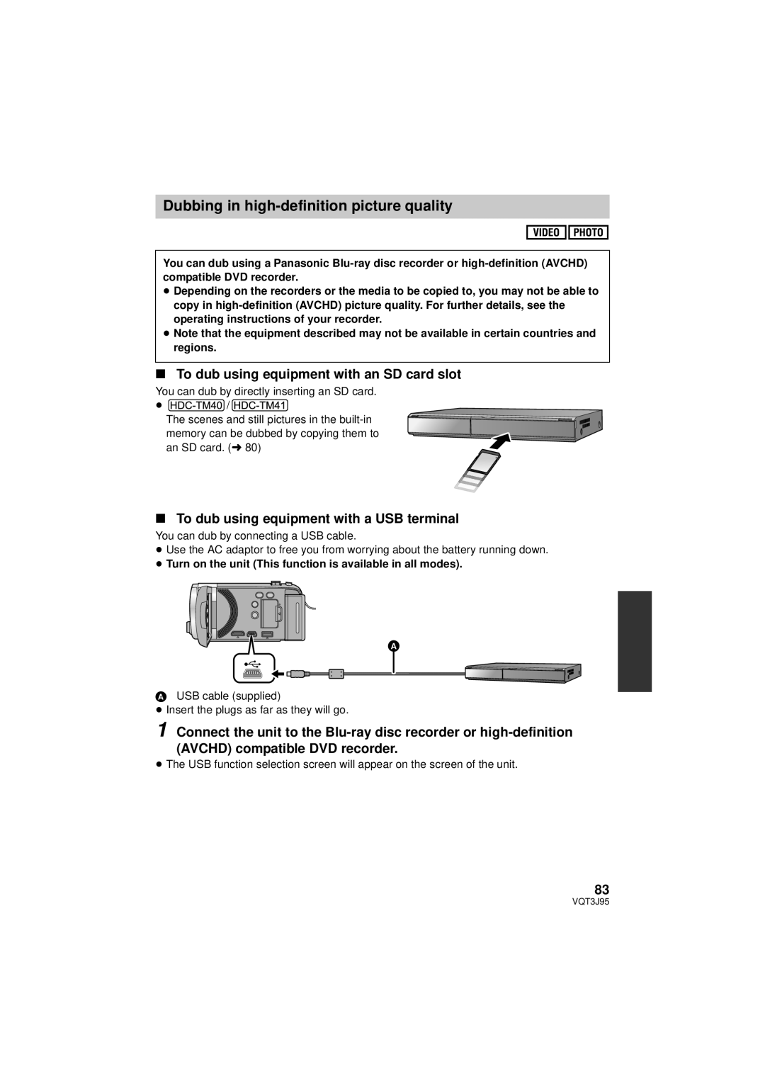 Panasonic HDC-TM40P/PC owner manual To dub using equipment with an SD card slot, To dub using equipment with a USB terminal 