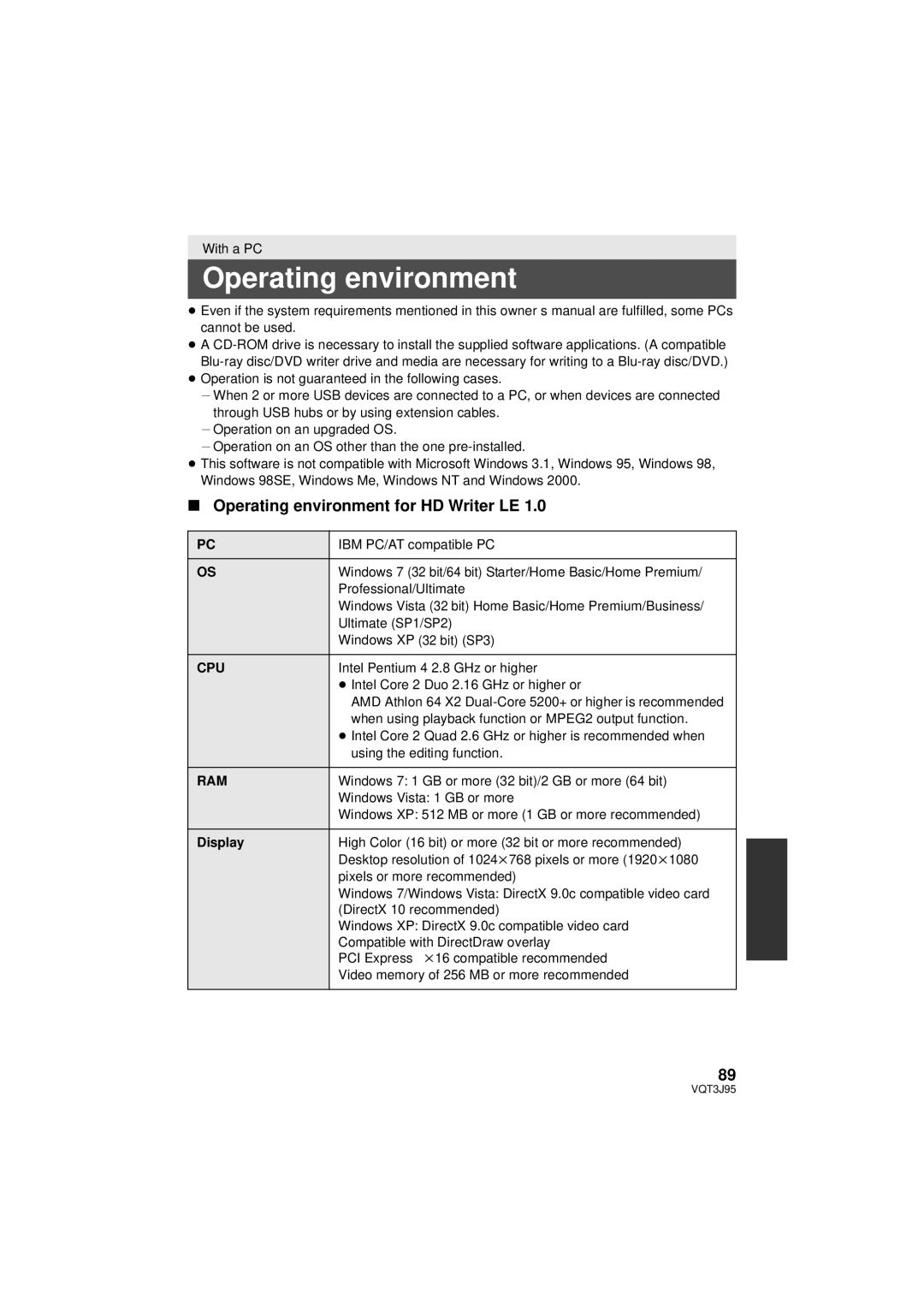 Panasonic HDC-TM40P/PC, HDC-SD40P/PC, HDC-TM41P/PC owner manual Operating environment for HD Writer LE, Cpu, Ram, Display 