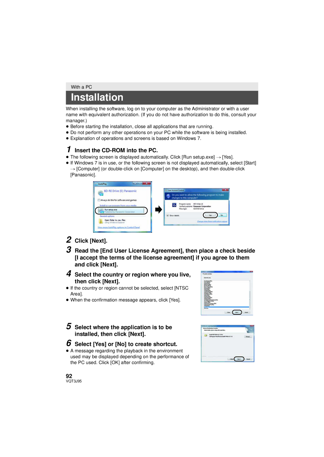 Panasonic HDC-TM40P/PC, HDC-SD40P/PC, HDC-TM41P/PC owner manual Installation, Insert the CD-ROM into the PC 