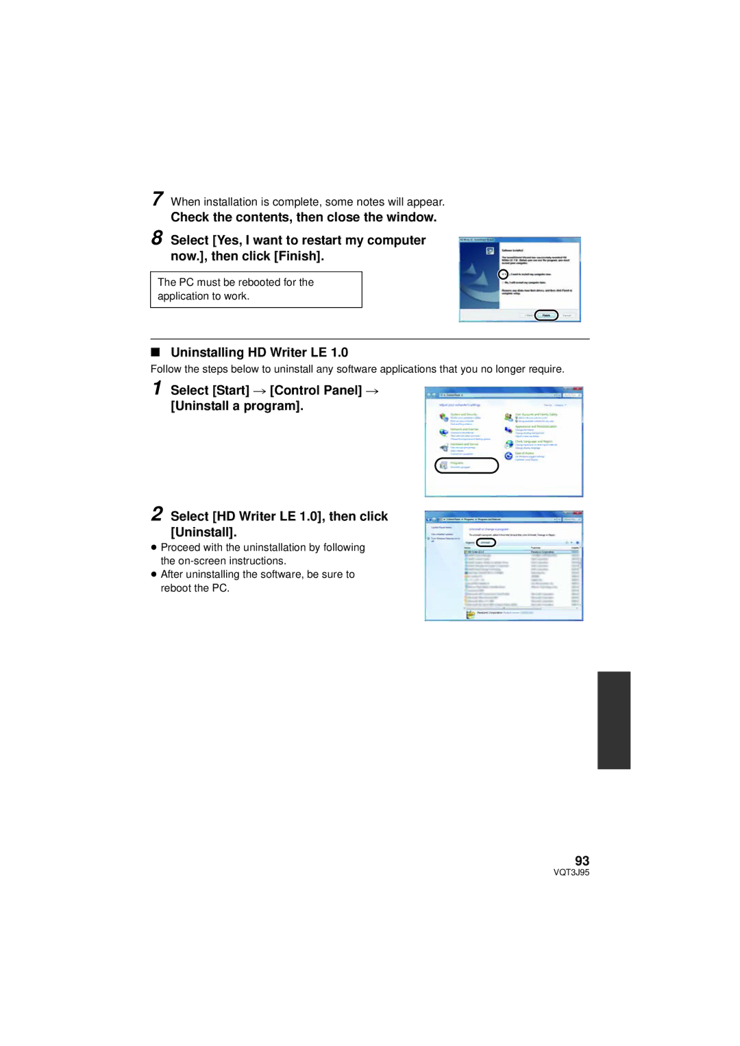 Panasonic HDC-SD40P/PC, HDC-TM41P/PC owner manual Uninstalling HD Writer LE, PC must be rebooted for the application to work 