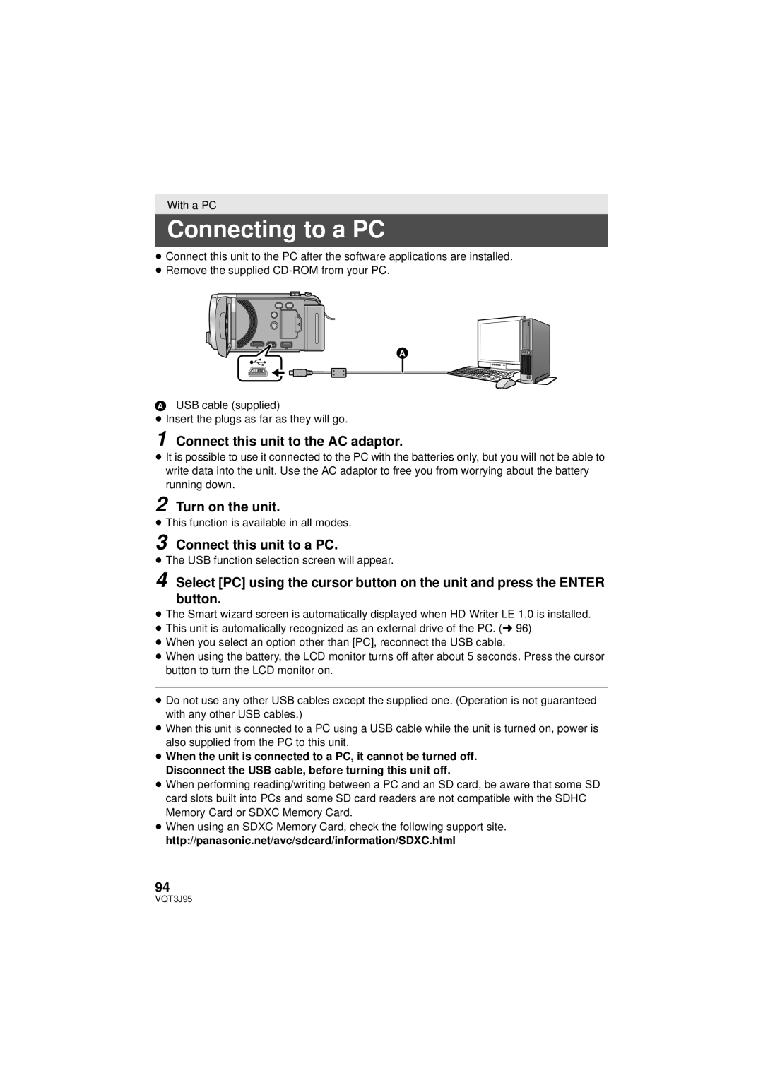 Panasonic HDC-TM41P/PC, HDC-SD40P/PC owner manual Connecting to a PC, Connect this unit to the AC adaptor, Turn on the unit 