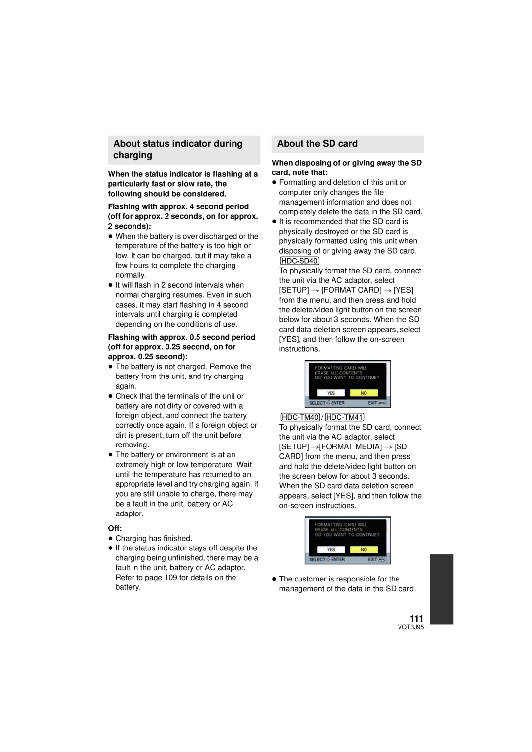 Panasonic HDC-SD40P/PC, HDC-TM41P/PC, HDC-TM40P/PC About status indicator during charging, About the SD card, seconds 