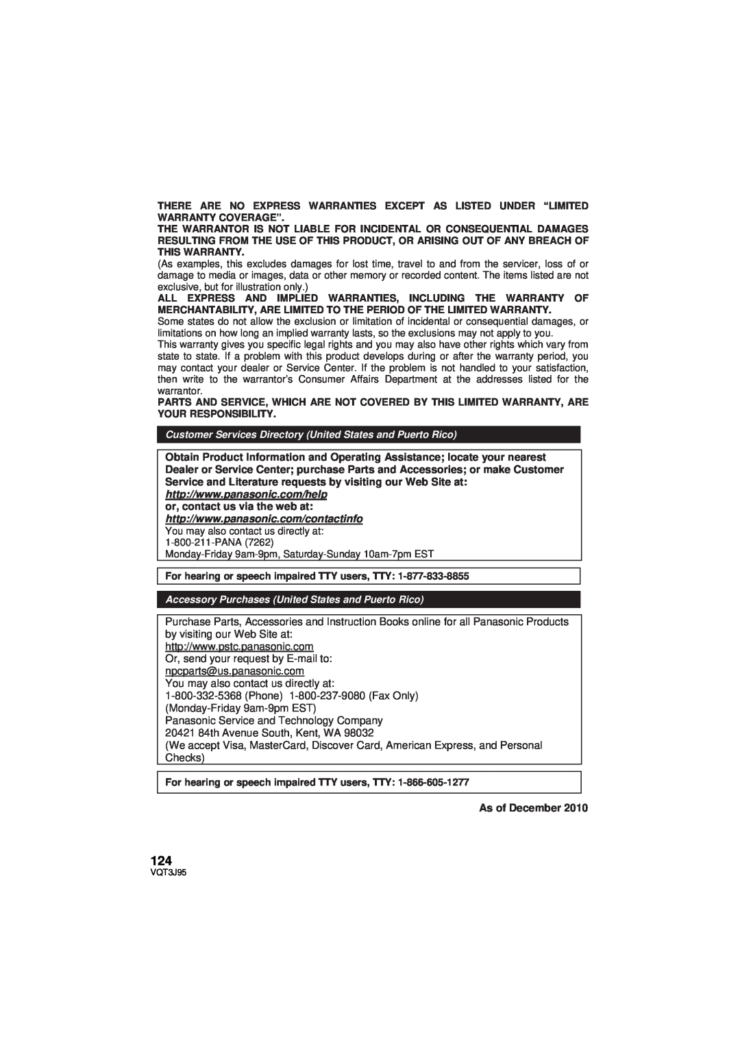 Panasonic HDC-TM41P/PC, HDC-SD40P/PC owner manual As of December, Customer Services Directory United States and Puerto Rico 