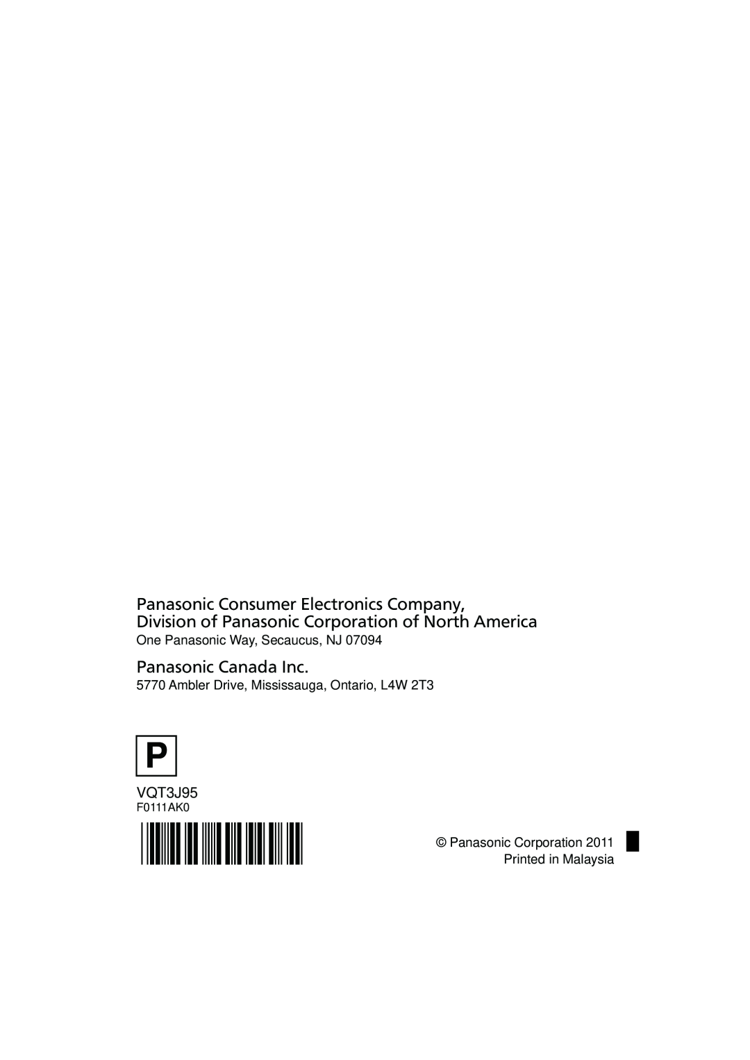 Panasonic HDC-SD40P/PC Panasonic Consumer Electronics Company, Division of Panasonic Corporation of North America, VQT3J95 