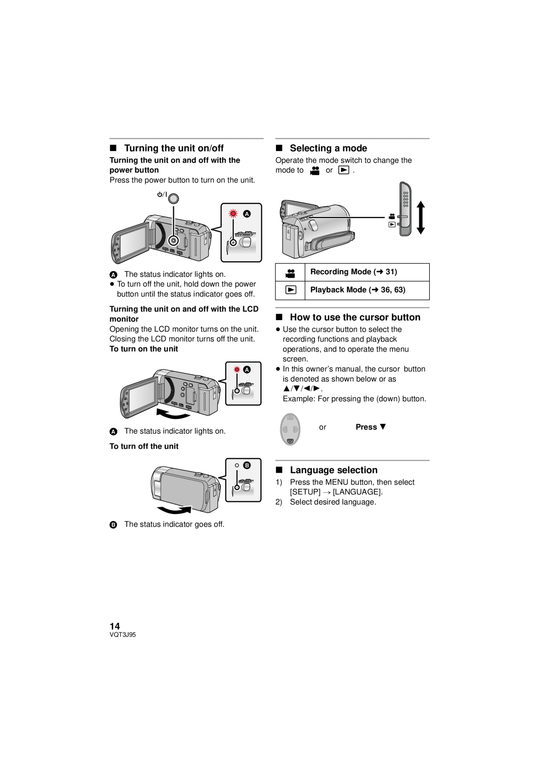 Panasonic HDC-TM40P/PC ∫ Turning the unit on/off, ∫ Selecting a mode, ∫ How to use the cursor button, Language selection 