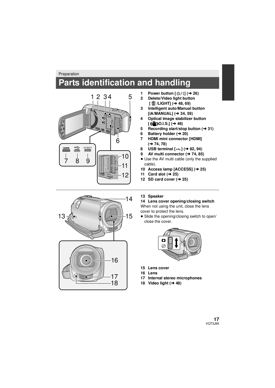 Panasonic HDC-TM40P/PC Parts identification and handling, 1 2 3, Power button, Delete/Video light button, LIGHT l48, l 74 