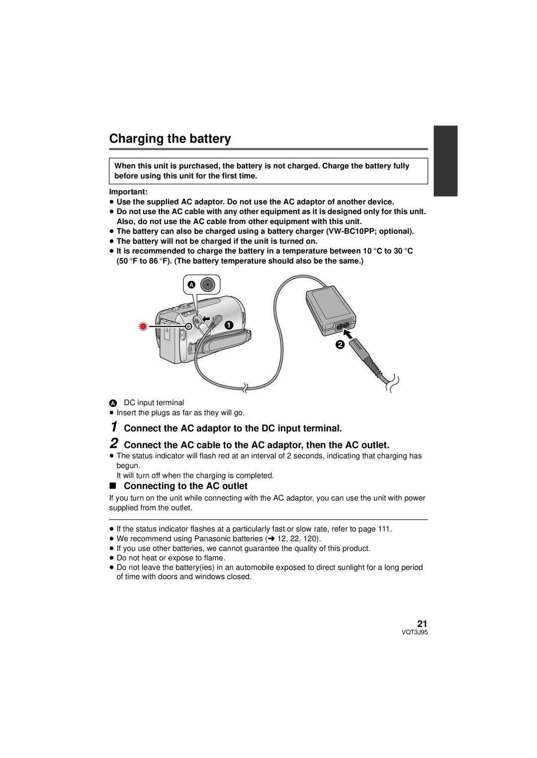 Panasonic HDC-SD40P/PC, HDC-TM41P/PC, HDC-TM40P/PC Charging the battery, Connect the AC adaptor to the DC input terminal 