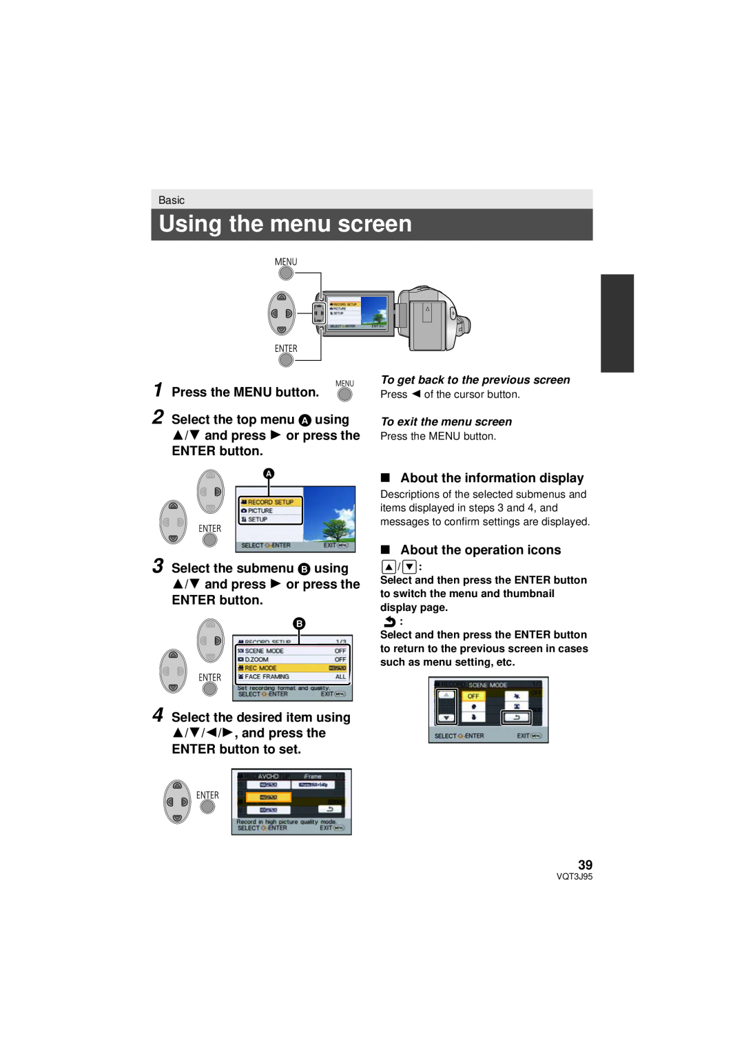 Panasonic HDC-SD40P/PC Using the menu screen, Press the MENU button, ∫ About the information display, ENTER button to set 