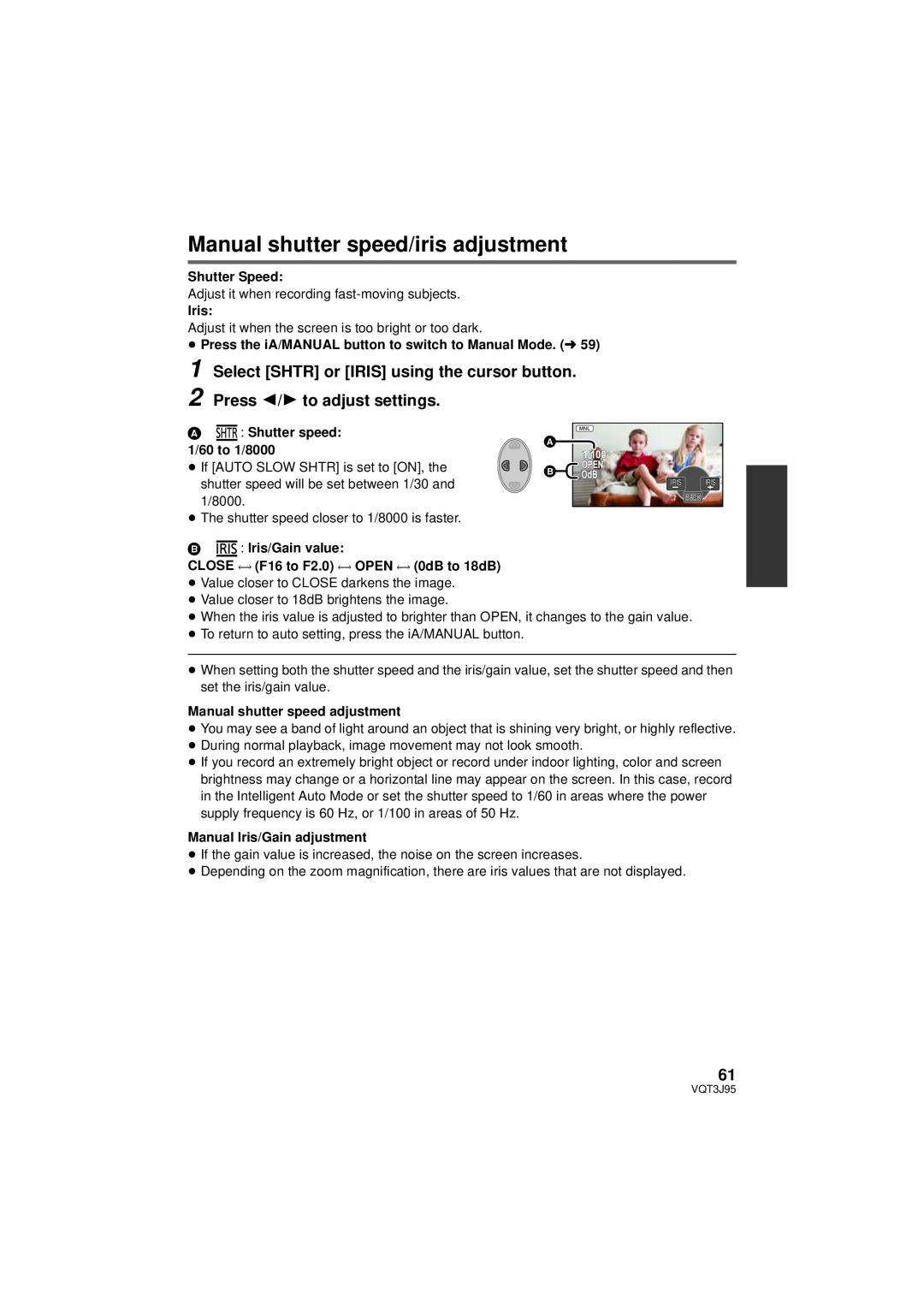 Panasonic HDC-TM41P/PC Manual shutter speed/iris adjustment, Select SHTR or IRIS using the cursor button, Shutter Speed 