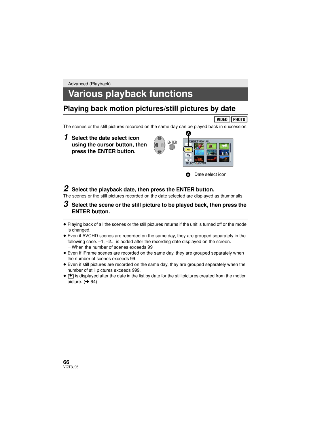 Panasonic HDC-SD40P/PC, HDC-TM41P/PC Various playback functions, Playing back motion pictures/still pictures by date 