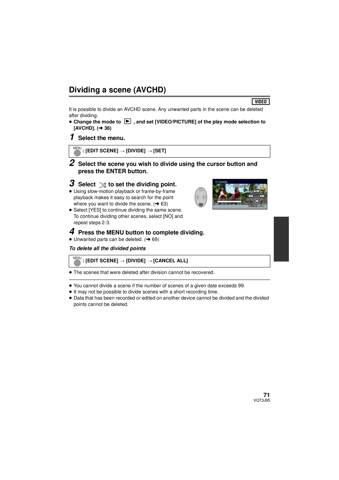 Panasonic HDC-TM40P/PC Dividing a scene AVCHD, Select the menu, to set the dividing point, Edit Scene # Divide # Set 