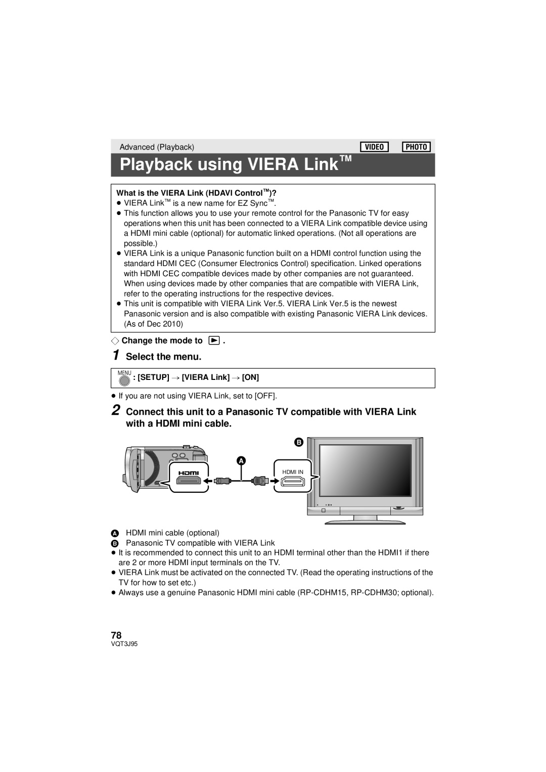 Panasonic HDC-SD40P/PC Playback using VIERA Link, Select the menu, ¬ Change the mode to, SETUP # VIERA Link # ON 