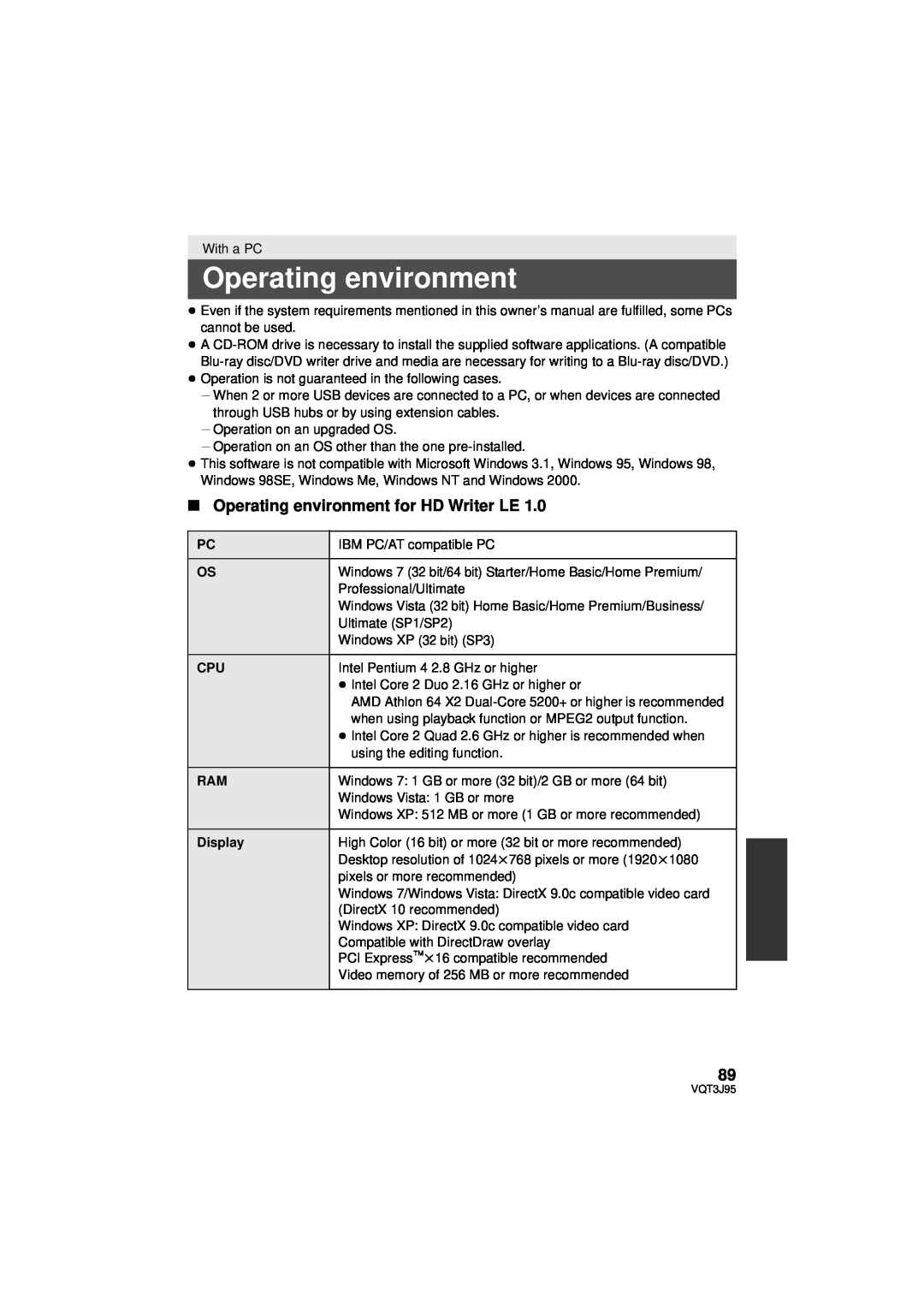 Panasonic HDC-TM40P/PC, HDC-SD40P/PC, HDC-TM41P/PC owner manual ∫ Operating environment for HD Writer LE, Display 