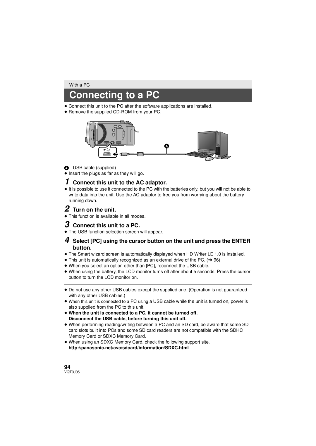 Panasonic HDC-TM41P/PC, HDC-SD40P/PC owner manual Connecting to a PC, Connect this unit to the AC adaptor, Turn on the unit 