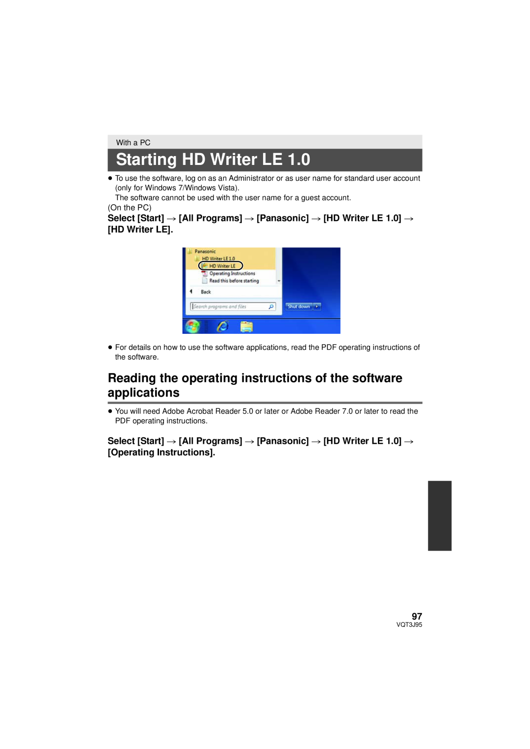 Panasonic HDC-TM41P/PC owner manual Starting HD Writer LE, Reading the operating instructions of the software applications 