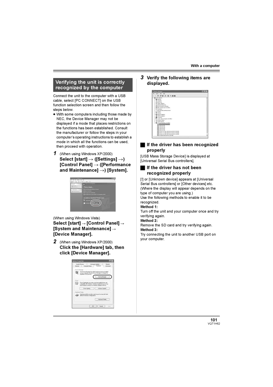 Panasonic HDC-SD5PP operating instructions Verifying the unit is correctly recognized by the computer, 101, Method 