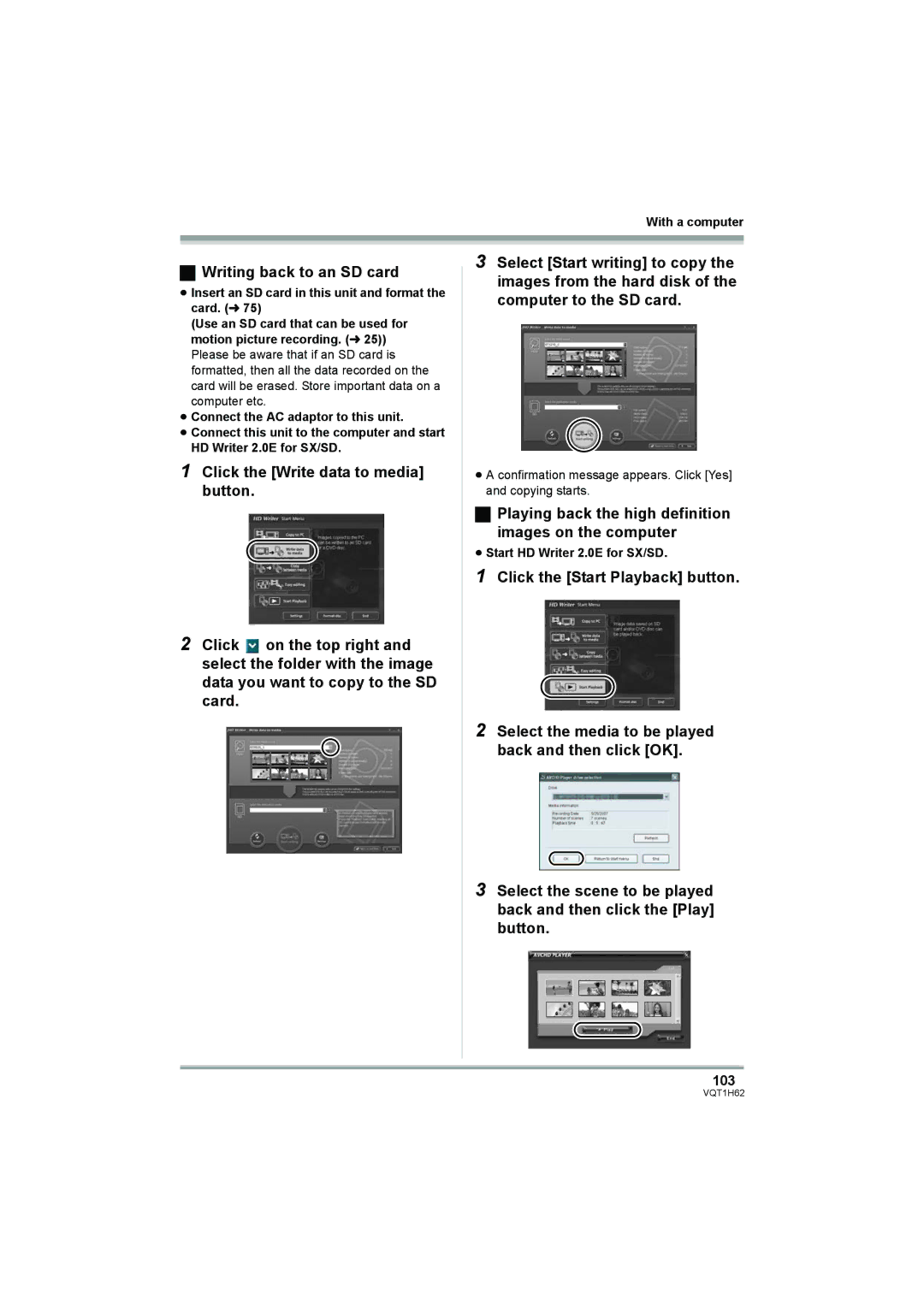 Panasonic HDC-SD5PP Writing back to an SD card, Playing back the high definition images on the computer, 103 