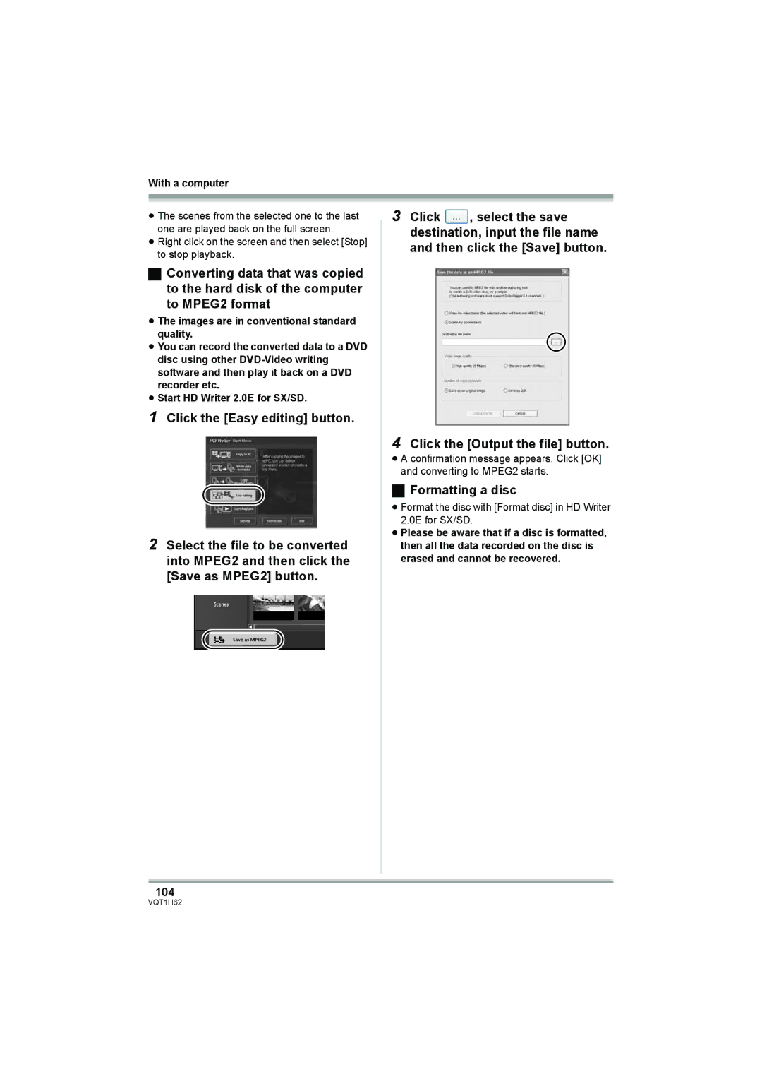 Panasonic HDC-SD5PP operating instructions Formatting a disc, 104 