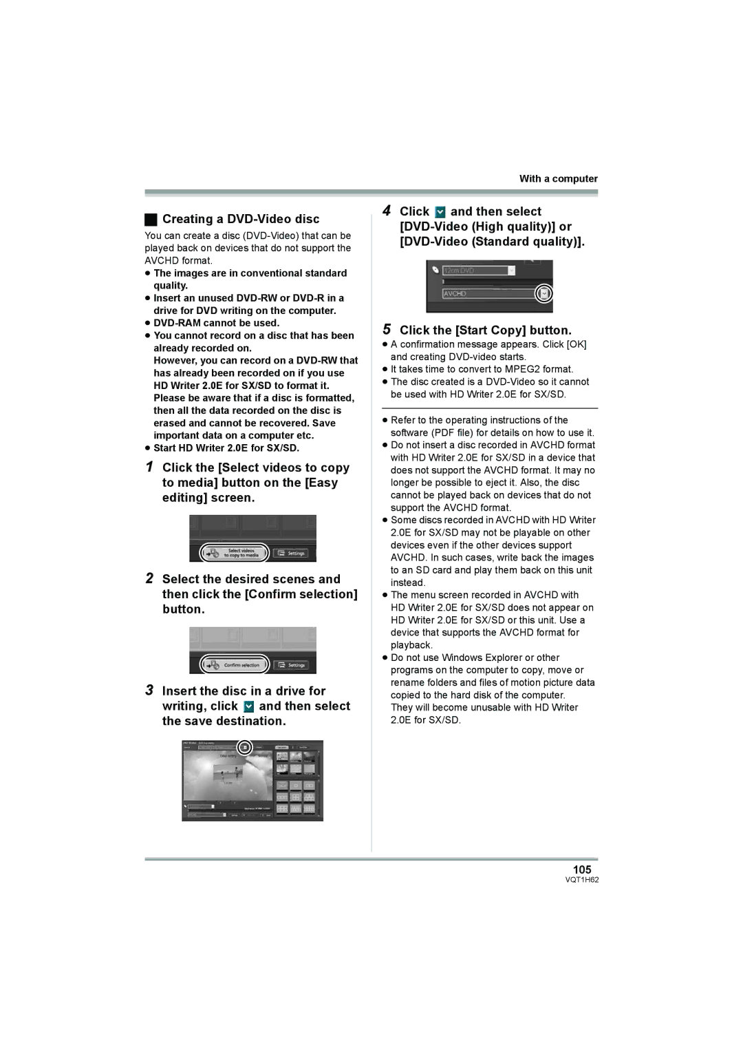 Panasonic HDC-SD5PP Creating a DVD-Video disc, 105, ≥ The images are in conventional standard quality 