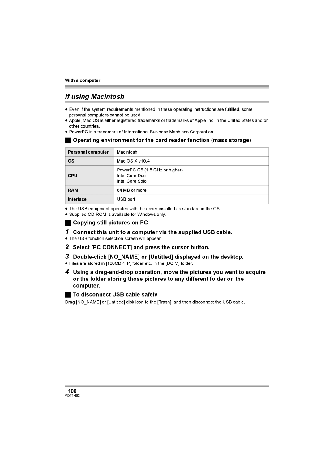 Panasonic HDC-SD5PP operating instructions If using Macintosh, 106 