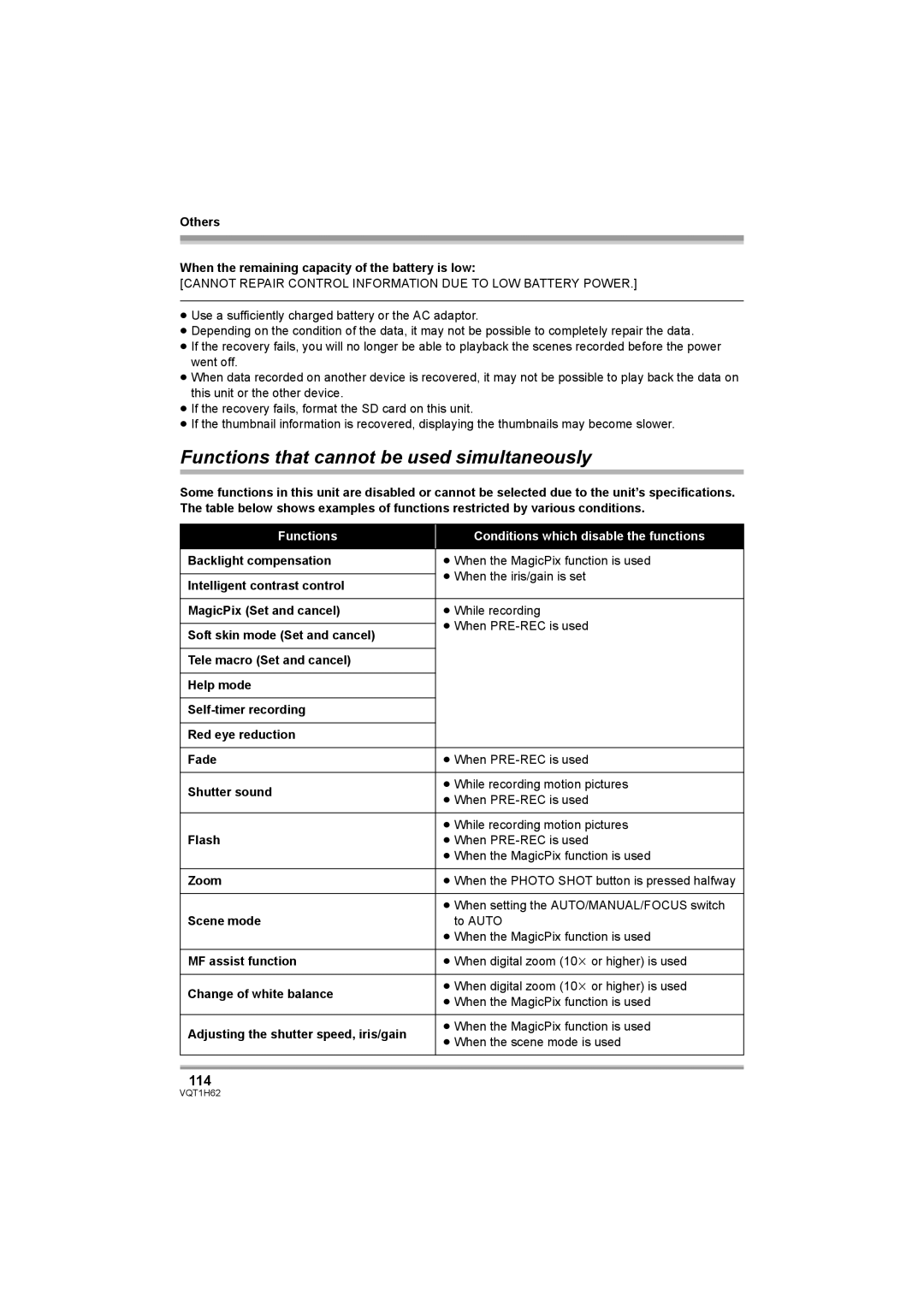 Panasonic HDC-SD5PP operating instructions Functions that cannot be used simultaneously, 114 