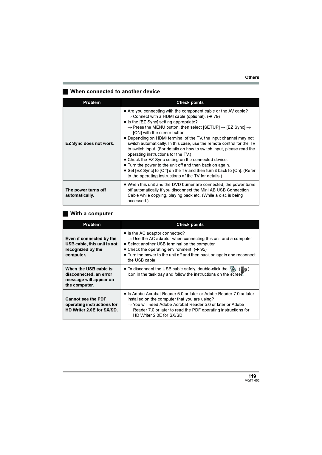 Panasonic HDC-SD5PP operating instructions When connected to another device, With a computer, 119 